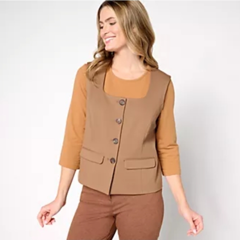 Tailored By Susan Graver Smart Ponte 350 Square-Neck Vest Mocha Haze Large